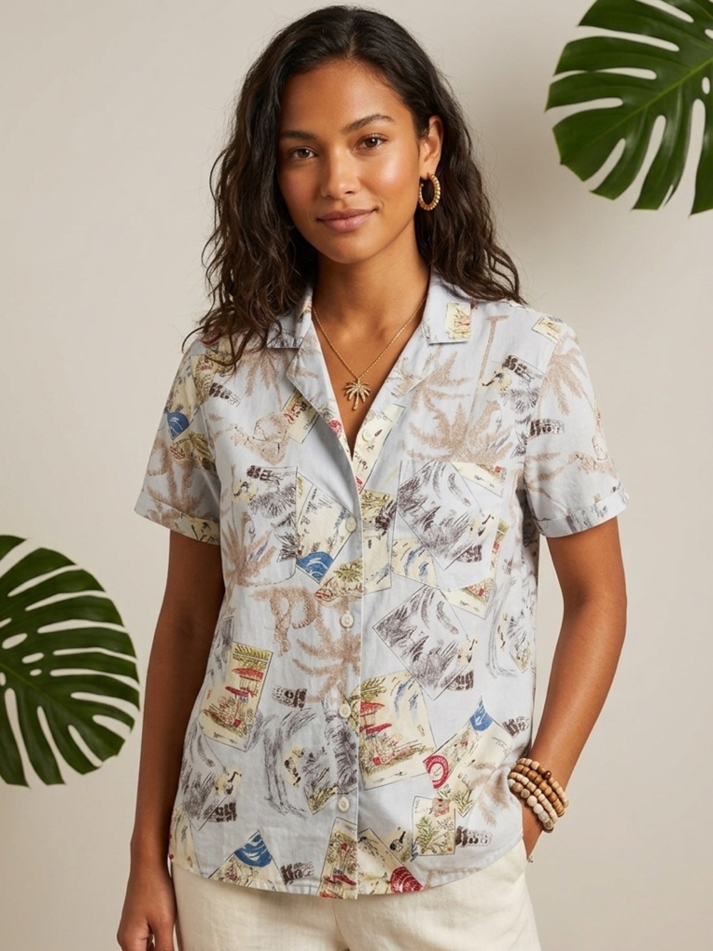 Liz Claiborne LizGolf Vintage Postcard Print Button Down Size Small